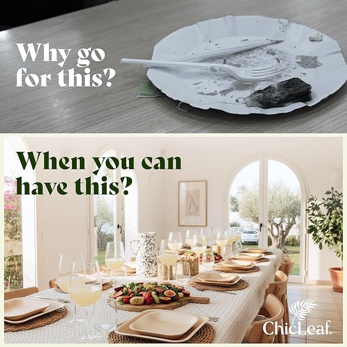 Chic Leaf Palm Leaf Bamboo Plates - 9-Inch Square, Pack of 50 - Eco-Friendly Compostable Platters - Microwave-Safe Disposable Plates - Durable Party Dishware