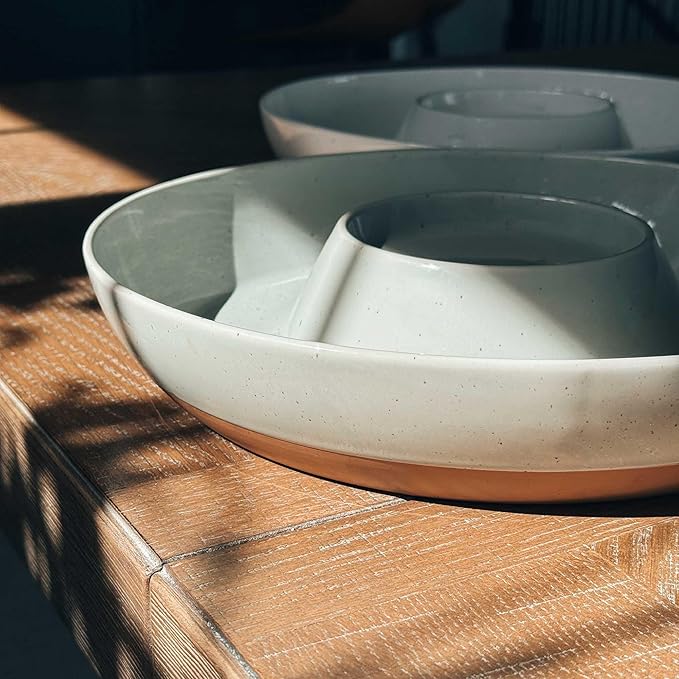 Mora Ceramic Chips and Dip Serving Tray: Large Divided Party Bowl Set for Chips & Salsa, Veggies & Dip, Fruit, Snacks, Entertaining, Hosting, etc. Minimalist Design for the Modern Hostess - Earl Grey
