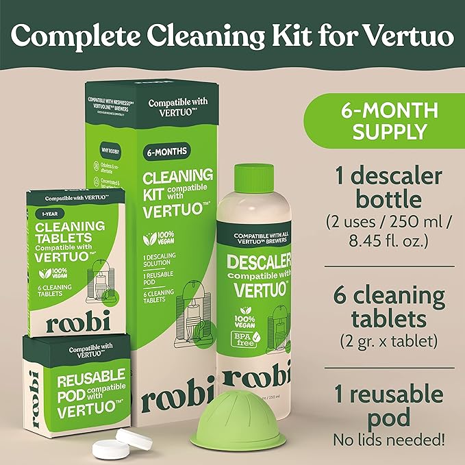 Roobi Nespresso Compatible Vertuo Cleaning & Descaling Kit. Includes 1 Bottle of Descaling Solution, 6 Cleaning Tablets and 1 Reusable Pod. Carbon Neutral Vertuoline Maintenance Kit. 6 Month Supply.