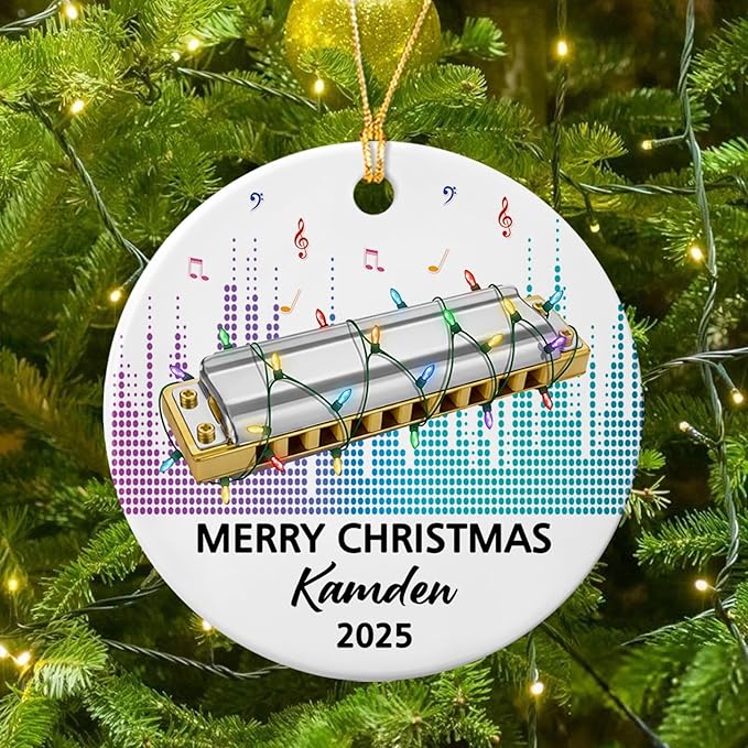 Customized Text Year Name Harmonica Instrument Player Ceramic Ornament, Personalized Harmonica Christmas Ornaments Gift for Harmonicist Women Men Friends Brother Sister, Harmonicas Musical Ornament