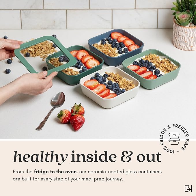 Ceramic Coated Glass Food Storage Container | No PTFE, PFOA, PFAS, and BPA | Reusable Non Toxic Meal Prep Container with Glass Lid | Easy To Store | 11 Cup Rectangle [Onyx]