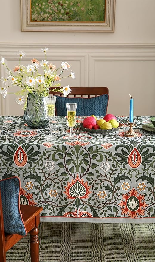 ISAENNE Designer Bohemian Linen Green Long Tablecloth Rectangle,Floral Indoor Table Cloth,Stain Resistant Decor Tablecloths for Dining Thanksgiving Kitchen Party Christmas,63"*102"-Naples
