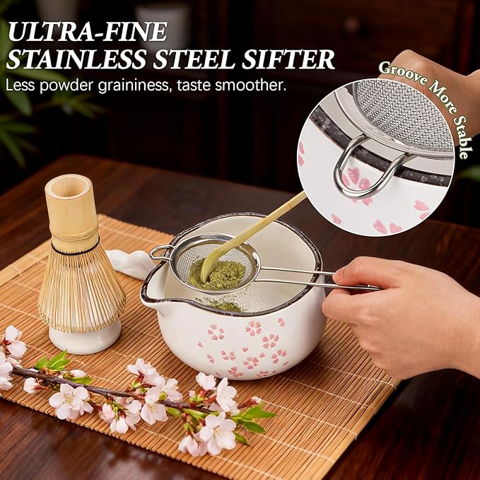 Matcha Whisk Set, 7 PCS Ceramic Matcha Sets with Bowl, Bamboo Whisk and Holder, Towel, Sifter, Bamboo Scoop, Scoop Rest, Christmas Gifts for Tea Lovers, Birthdays New Year Gifts for Women Mom