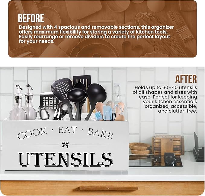Extra Large Kitchen Utensil Holder with 4 Compartments, Wooden Countertop Organizer, Rustic Black Farmhouse Decor for Cooking Tools, Spoons, Spatulas, Knives & Forks - White Grain