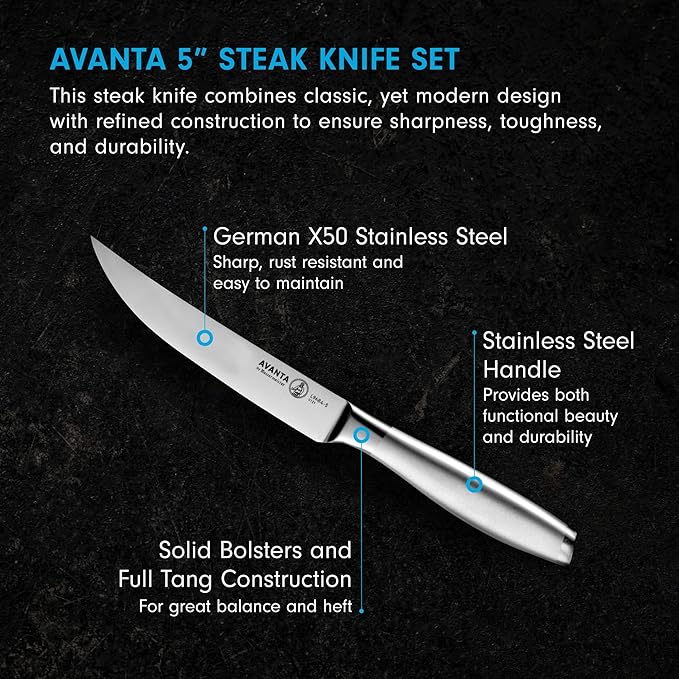 Messermeister Avanta 5” Fine Edge Steak Knife Set - German X50 Stainless Steel - Rust Resistant & Easy to Maintain - Includes 4 Steak Knives