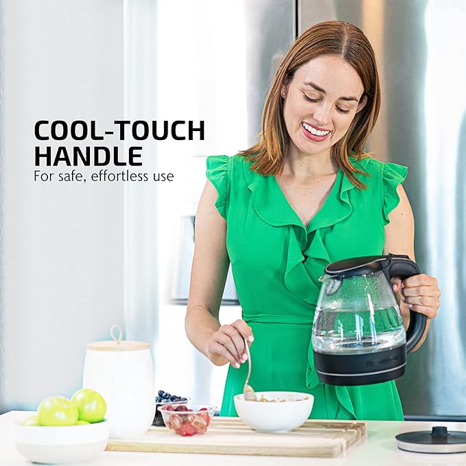 OVENTE Electric Kettle, 1.5L Borosilicate Glass Countertop Water Heater and Boiler for Coffee or Tea, BPA-Free, Auto Shut-Off, Boil-Dry Protection, Removable and Washable Spout Filter, Black KG83B