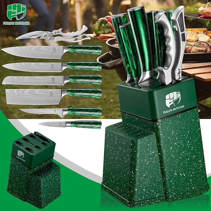FULLHI 8pcs block Knife Set,chef's Knves Set with Block and Sharpener, Kitchen Knife Set,Multi-colour Handle, Gifts for Men Women