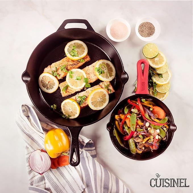 Cast Iron Skillet Set - 8" + 12"-Inch Frying Pan - Pre-Seasoned Oven Safe Cookware + 2 Heat-Resistant Handle Holder Grips - Indoor/Outdoor Use - Grill, Stovetop, BBQ, Camping Fire Pit, Induction Safe