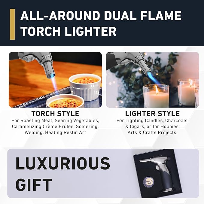 Dual Flame Butane Torch Gun - Refillable Luxury Hand Held Mini Blow Torch for Cooking, Creme Brulee, Soldering, Welding, & Resin Art - Adjustable Flame with Ignition Lock - Steel Black by inZaynity