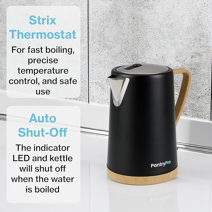 PantryPro 1.7L 1500W Rapid-Boil Electric Kettle - Stainless Steel Interior - Auto Shut-Off, Boil-Dry Protection, LED Indicator, Wide Opening - Black