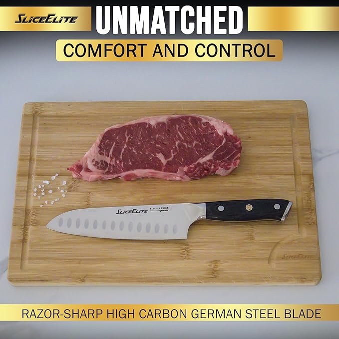 SliceElite Slice Series 7 Inch Santoku Knife High Carbon German Steel Blade Full Tang Pakkawood Handle Polymer Blade Guard Sharp Kitchen Knife for Meat Cutting Chopping BBQ Cooking Chef Vegetable