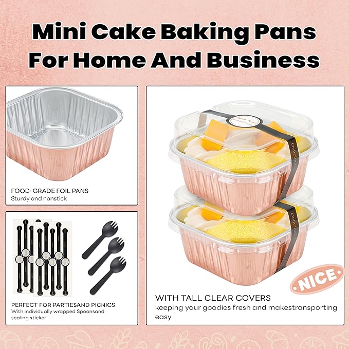 50 Pack Mini Cake Pans with Lids and Spoons Aluminum Foil Pans Square Cake Tins for Bakery Party Wedding (Champagne Color,5 oz)