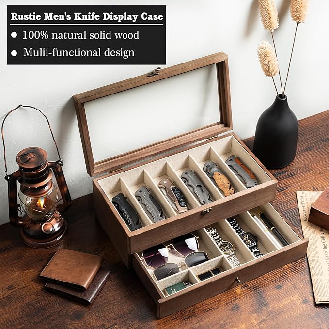 Knife Display Case, 2-Layer Pocket Knife Case Display & Storage Knives, Solid Wood Knife Case for Collections, Gift for Boyfriend Fathers Day Birthday Gifts((Walnut)