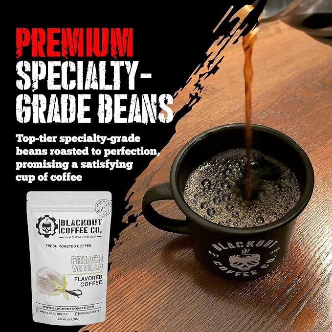 Blackout Coffee French Vanilla Flavored Ground Coffee – Smooth Taste, Guilt-Free Indulgence – Freshly Roasted 12oz Pouch, American Made