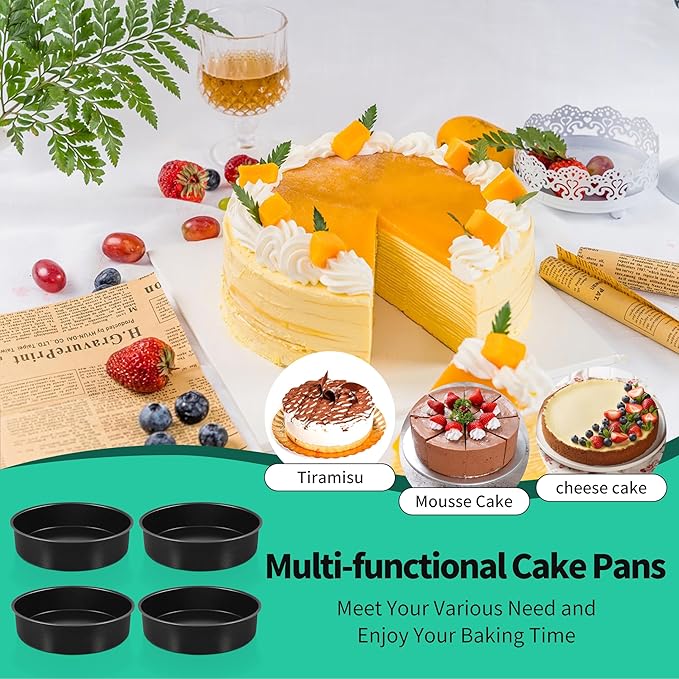 P&P CHEF Non-stick Cake Pan Set 4, 9.5 Inch Round Baking Cake Pans Tins for Tier Smash Cakes, Non-Toxic & Solid, Stainless Steel Core & Leak-Proof, 4Pcs