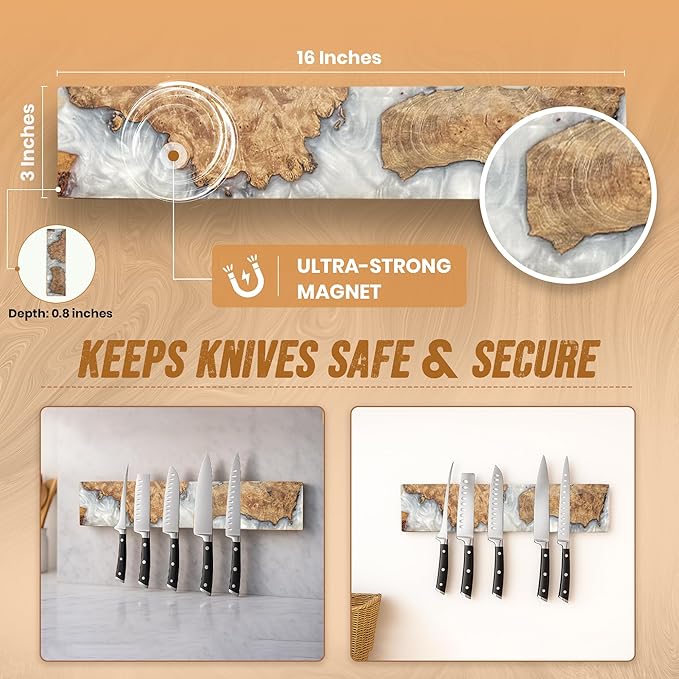 Magnetic Knife Holder for Wall 16 Inch |Premium Wood & White Resin| Epoxy Knife Magnetic Strip, Kitchen Knife Block Holder with Strong Magnet, Space-Saving, Handcrafted Style & Easy to Install