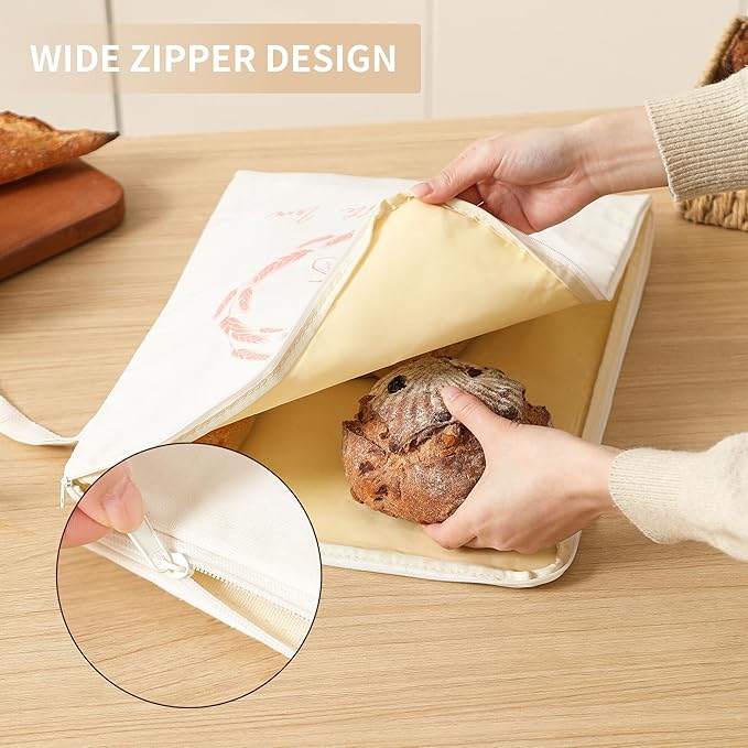 WiNDANCE Wide Zipper Access Beeswax Bread Bags for Homemade Bread - 2 Packs XL Reusable Organic Beeswax Linen Cotton Sourdough Bag, Homesteading Essentials Sourdough Bags with Zip to Keep Fresh