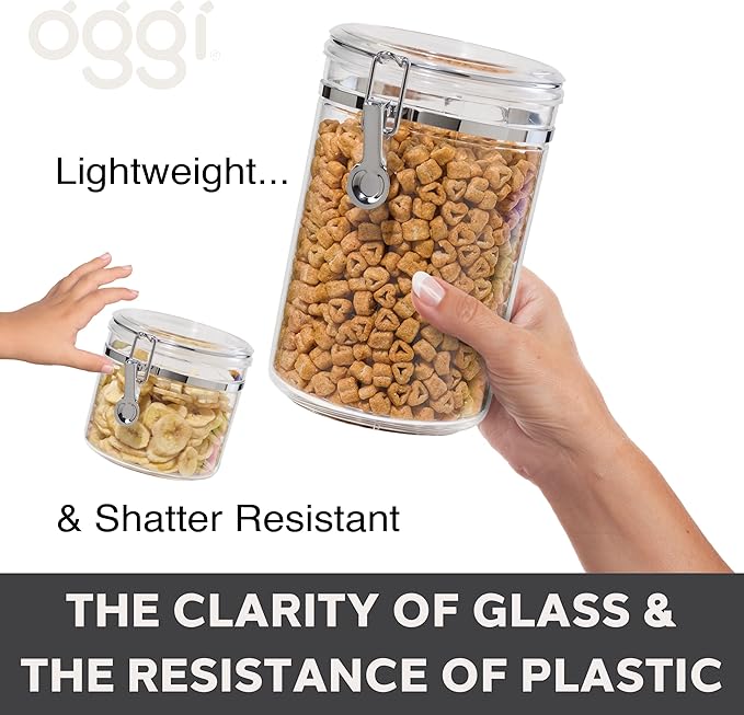 Oggi Large Clear Canister with Clamp Lid, 72 oz - Large Airtight Food Storage Container, for Kitchen & Pantry Storage of Bulk, Dry Foods, Pasta, Flour, Sugar, Coffee, Rice, Tea, Spices & Herbs