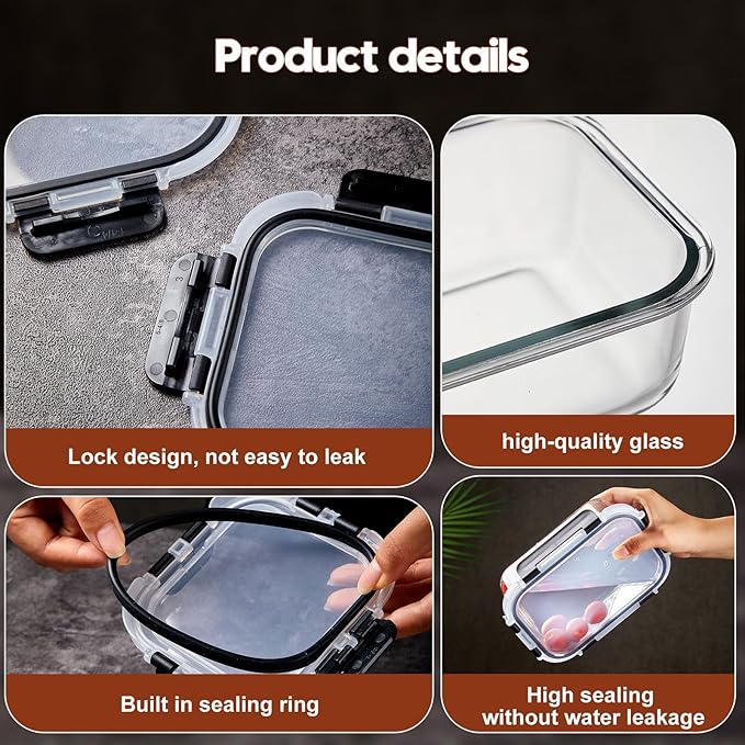8 Pack Glass Meal Prep Containers with Lids, Extra Thick Airtight Food Storage Set (310ml-1510ml/10.5oz–51oz), Leakproof Lunch Boxes for Leftovers