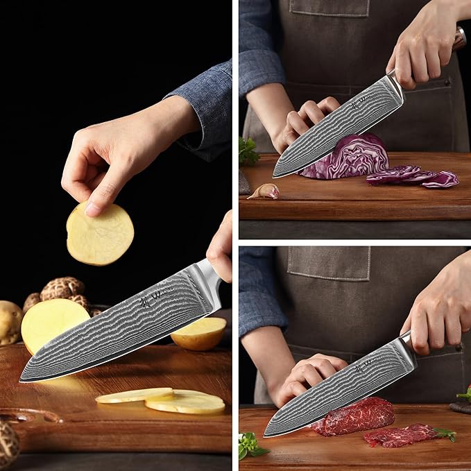 Wakoli EDIB 3-Piece Damascus Kitchen Knife Set in Wooden Gift Box – Sharp Knives Set made of Genuine Damascus Steel (VG10 Core) – Santoku, Small Santoku, & Pairing Knife – Ergonomic Pakkawood Handles
