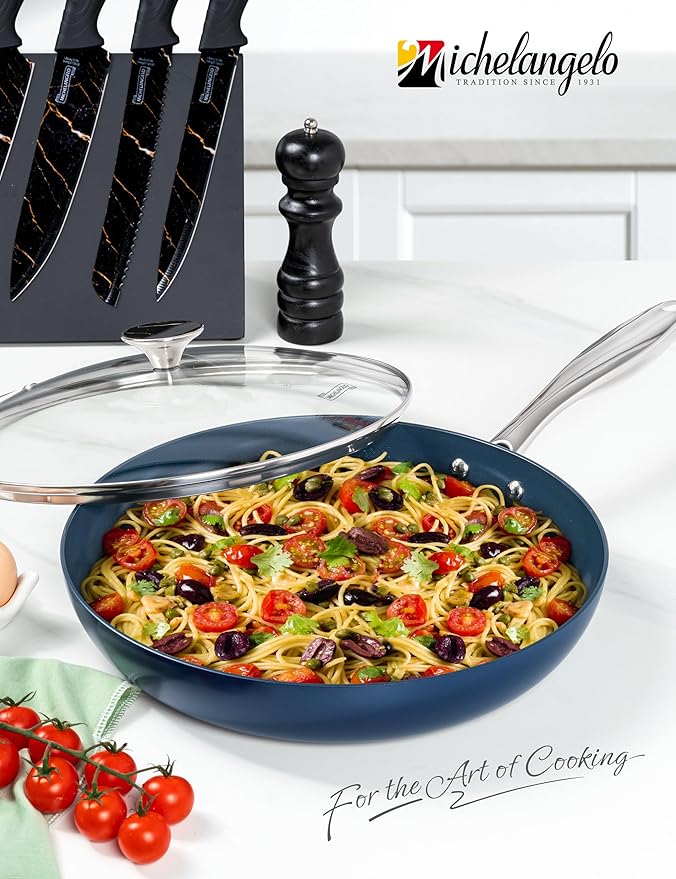 MICHELANGELO 12 Inch Frying Pan with Lid, Blue Frying Pan with Nonstick Diamond Infused Coating, Nonstick Frying Pans, Ceramic Fry Pan, Non-Toxic