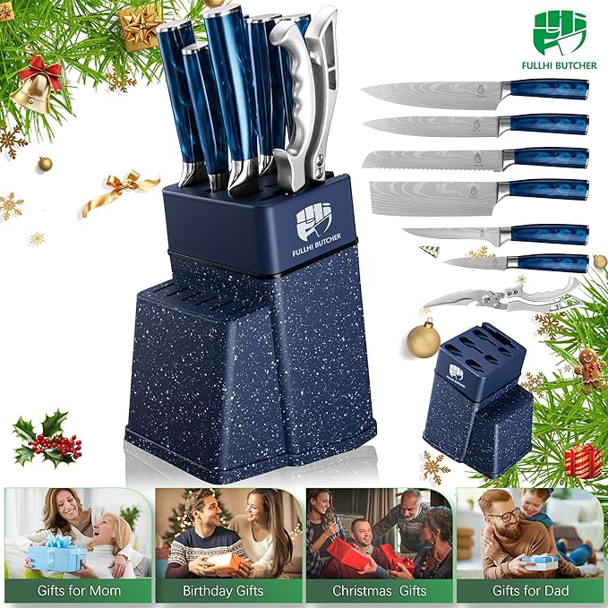 FULLHI 8pcs block Knife Set,chef's Knves Set with Block and Sharpener, Kitchen Knife Set,Multi-colour Handle, Gifts for Men Women
