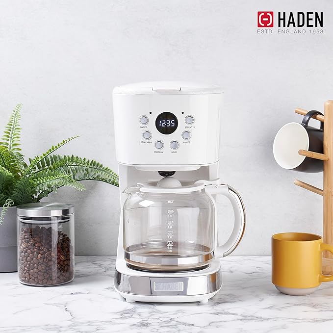 HADEN Coffee Machine, 12 Cup Drip Coffee Maker Bundled with Heritage 1.7 Liter Stainless Steel Electric Kettle, Ivory & Chrome