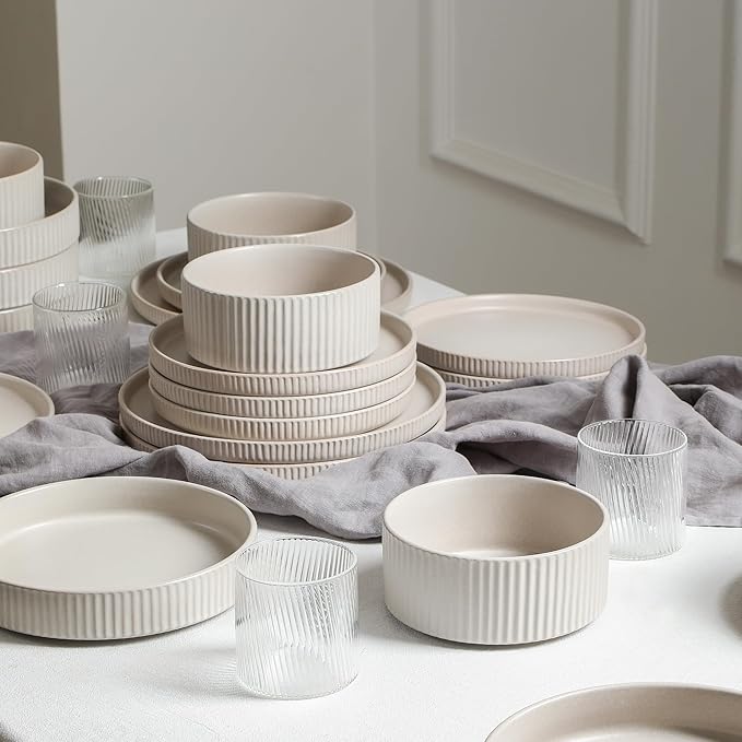 Stone Lain Haven Stoneware 32-Piece Dinnerware Set, Plates and Bowls Sets for 8, Dish Set, Includes Dinner and Salad Plates, Cereal Bowls, Glassware, Microwave & Dishwasher Safe, Beige