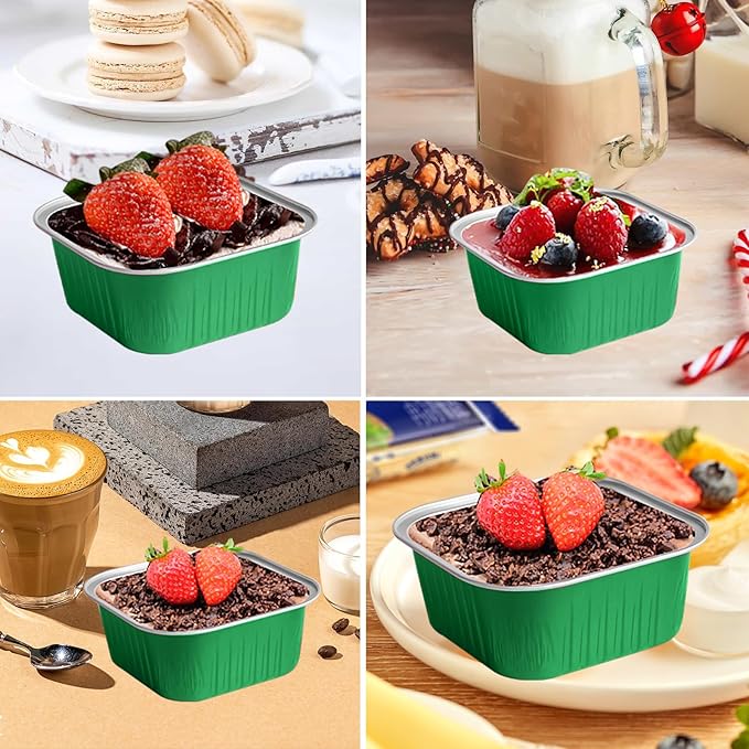 50 Pcs Mini Square Baking Cups with Lids,5oz Aluminum Foil Mini Cake Pans with Lids,Disposable Ramekins Cake Pans,150ml Dessert Cups Cupcake Pans for Wedding Birthday Party,Dark Green