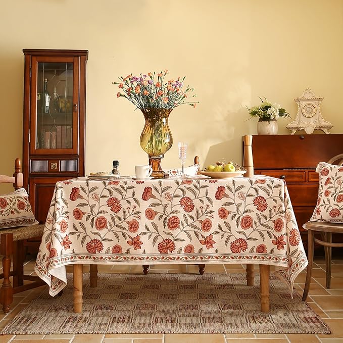 ISAENNE Designer French Square Tablecloth,Linen Orange Floral Pattern Indoor Table Cloth,Wrinkle Resistant Decor Table Cloth for Dining Thanksgiving Kitchen Party,67"*67"-Alvarado D