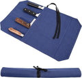 HERSENT A Chef's Knife Roll Bag - Portable Travel Chef Knife Case Carrier Holder Storage Bag With 4 Slots Best Gift For Pro Chef Or Culinary Enthusiasts Men Women HGJ03-P (Navy Blue)