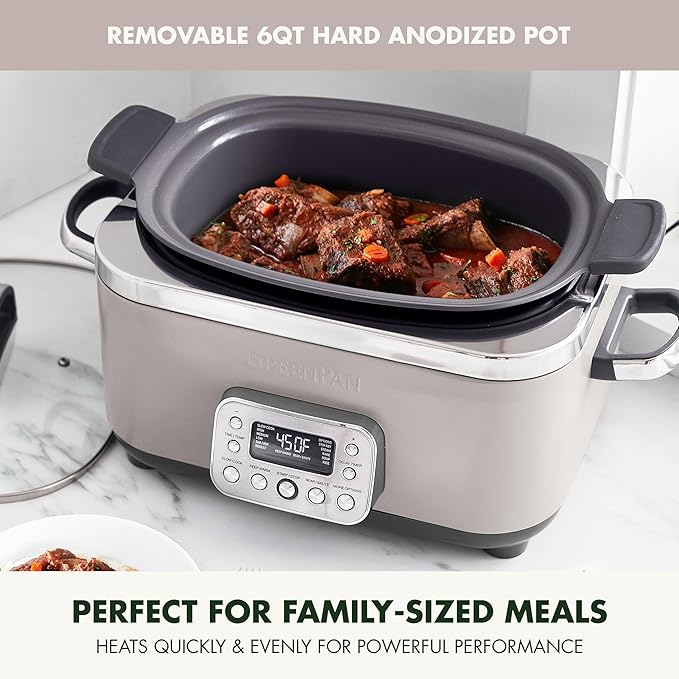 GreenPan Elite 14-in-1 Programmable 6QT Electric Slow Cooker, Dishwasher Safe Lid & Removable Crock, PFAS-Free Healthy Ceramic Nonstick Multi-Cooker, Sear, Sauté, Brown, Steam Basket, Roast, Clay