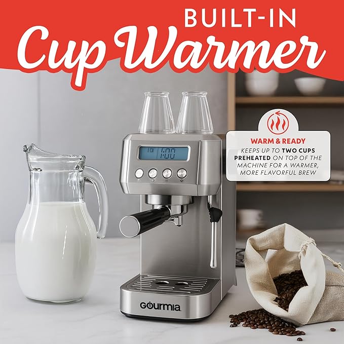 Gourmia Slim Espresso Machine – 20-Bar Pump, LCD Display, Milk Frother, Adjustable Temperature, Manual & Auto Brew for Single/Double Shots, 1350W, Stainless Steel