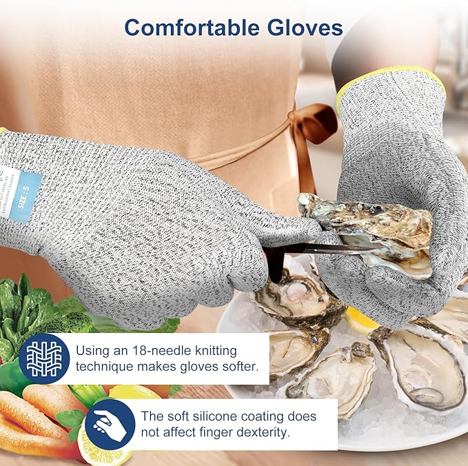 Dowellife Level 5 Cut Resistant Gloves with Silicone Coating, Food Grade Kitchen Knife Safety Gloves, Work Gloves for Chef, Mandoline Oyster Shucking Meat Cutting Wood Carving (Gray Large), Grey