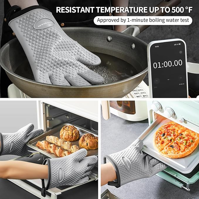 MAD SHARK Silicone Oven Mitts Heat Resistant 450 Degrees,Waterproof & Non-Slip Oven Gloves with Fingers,Cotton Lined Silicone Oven Gloves Kitchen Mitts for Baking Cooking Barbecue,Women,Oven (GREY1)