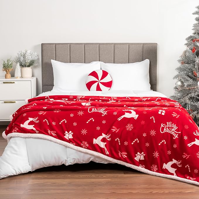 PAVILIA Premium Christmas Sherpa Throw Blanket | Christmas Decoration Gift, Fleece, Plush, Warm, Cozy Reversible Microfiber Holiday Blanket | Red Reindeer - 50x60