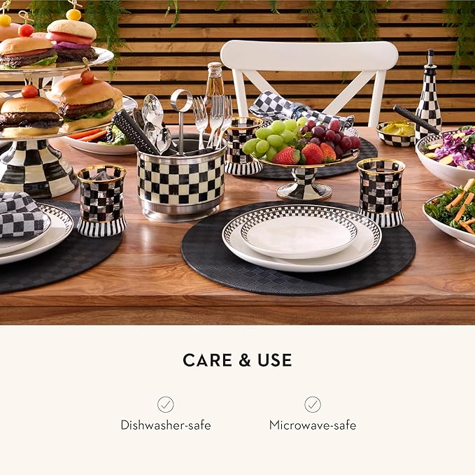 MACKENZIE-CHILDS Set of 4 Everyday Lunch Plates, Microwave-Safe and Dishwasher-Safe Stoneware Plates, Black-and-White Courtly Check