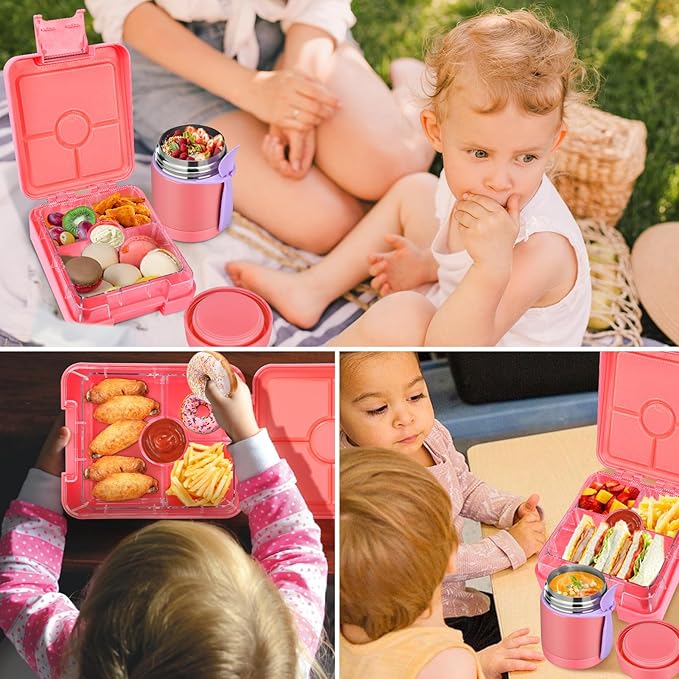 Bento Lunch Box Set for Kids with 10oz Soup Thermo, Leak-Proof Lunch Containers with 4 Compartment, Kids Thermo Hot Food Jar and Insulated Lunch Bag for Kid to School,BPA-Free(Pink)