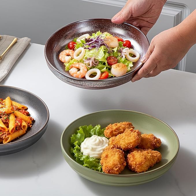 HAPPY KIT 9'' Large Pasta Bowls, 42 Oz Salad Bowl Set of 4, Stoneware Reactive Glaze Serving Bowls for Dessert, Soup, Fruit, Noodle, Scratch Resistant, Meadow Green