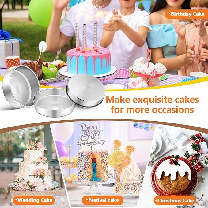 P&P CHEF 8 Inch Round Cake Pan Set of 3, Stainless Steel Round Baking Layer Pans Bakeware for Layer Birthday Cake, Fit Oven/Pots/Pressure Cooker, Leakproof & Dishwasher Safe, Silver