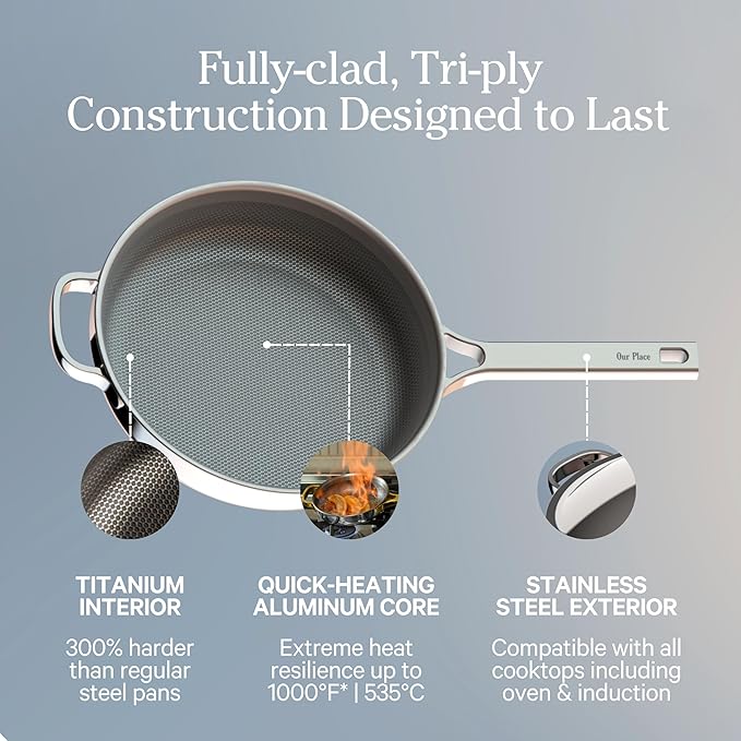 Our Place Titanium Always Pan Pro - 10.6” (2.8 Qt) No-Coating Nonstick Skillet | Tri-Ply Titanium & Stainless Steel | Safe for Oven, Induction & All Cooktops up to 750°F | Includes Spatula | Gold