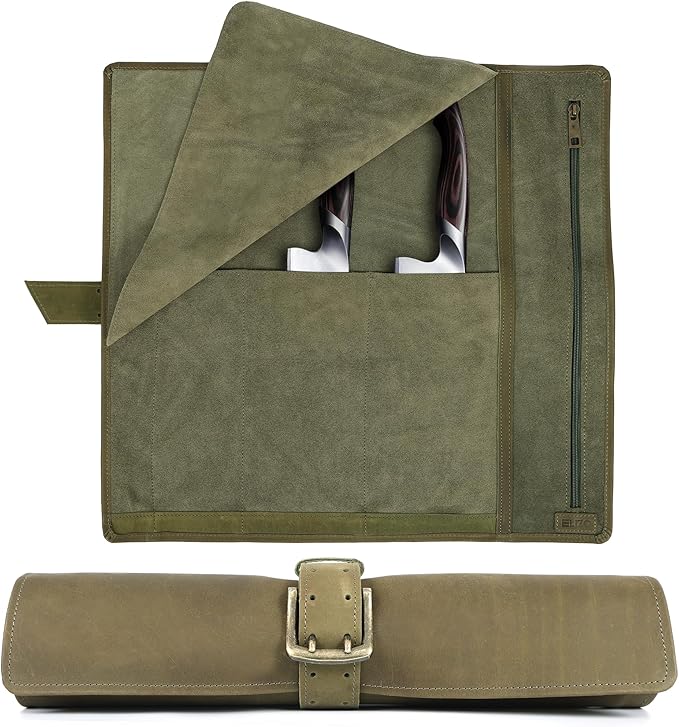 ELIZO Leather Knife Roll Bag Professional Chef Knife Case, Durable Knife Sheath Holder, Cooks & Culinary Tools Carrying Storage, Portable Knife Wrap - 4 Slots (Eucalyptus)