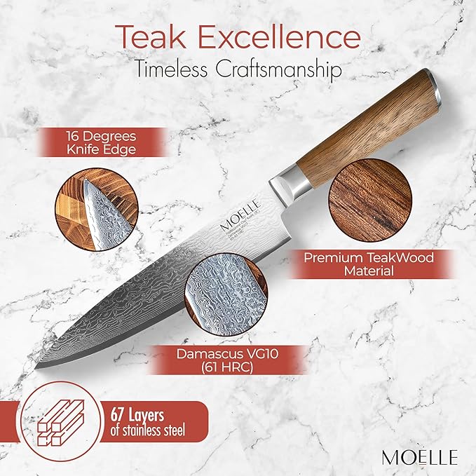 MOELLE Premium Teak Wood Chef Knife 8" - VG10 Damascus Steel 67 Layers, 60+ HRC - Japanese Damascus - Danish Design Kitchen Knife with Elegant Gift Packaging