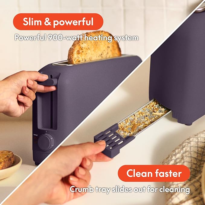 bella 2 Slice Slim Toaster, Fits-anywhere™ Kitchenware, 6 Setting Shade Control with Reheat & Cancel Buttons, Fits sourdough, 10” Long Slot, Anti Jam & Auto Shutoff, 900 Watt, Plum