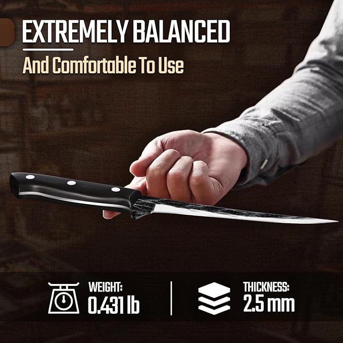 Huusk Fish Fillet Knife with Sheath - Hand Forged 7 Inch Boning Knives for Meat Trimming, Japanese Brisket Trimming Knives with Wooden Handle for Outdoor Camping, Gift for Men