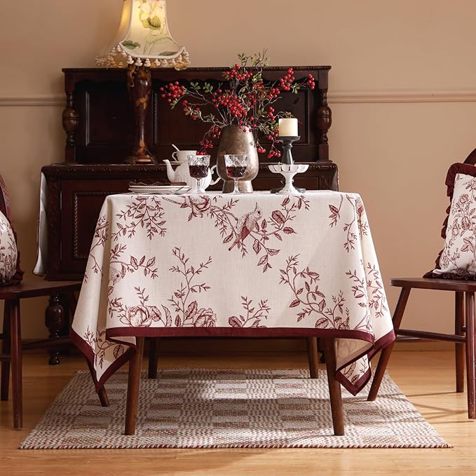 ISAENNE Designer Vintage Linen Small Square Tablecloth,Red Floral Pattern Linen Stain Resistant Table Cloth,Decor Tablecloths for Dining Thanksgiving Kitchen Tea Party,55"*55"-Harmony
