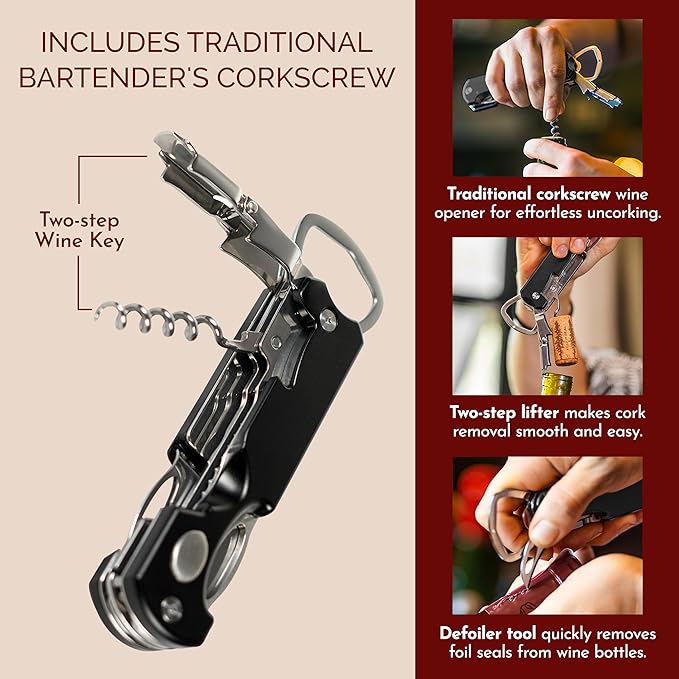 Bartender's All-in-One Bar Tool Set: Corkscrew, Zester, Citrus Knife and Bottle Opener Kit with Magnet for Picnics, Tailgating, BBQs, Camping, Travel, Beach Parties and Bartending, Black