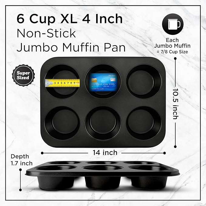 Wrenbury Jumbo Muffin Pan 6 Cup - Nonstick XL Deep Muffin Pan for Baking 3.75" Cup - Big Cup Tin - Oversized Extra Large Cupcake Mold - Dishwasher Safe - PTFE Free