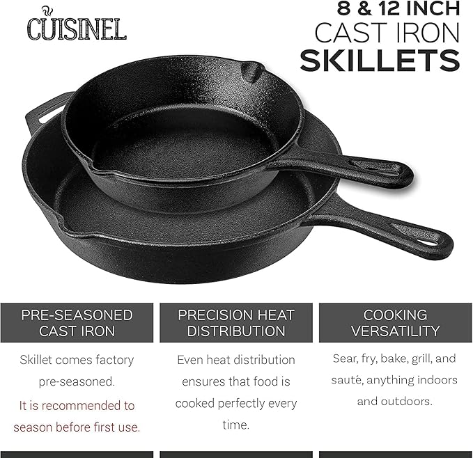 Cast Iron Skillet Set - 8" + 12"-Inch Frying Pan - Pre-Seasoned Oven Safe Cookware + 2 Heat-Resistant Handle Holder Grips - Indoor/Outdoor Use - Grill, Stovetop, BBQ, Camping Fire Pit, Induction Safe