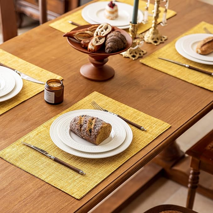 KXN Placemats Set of 6, Dual-Layer Thickened Faux Linen Table Mats, Heat Resistant & Wrinkle-Free, Machine Washable Cloth Place Mats for Kitchen Dining Indoor Outdoor (Yellow)